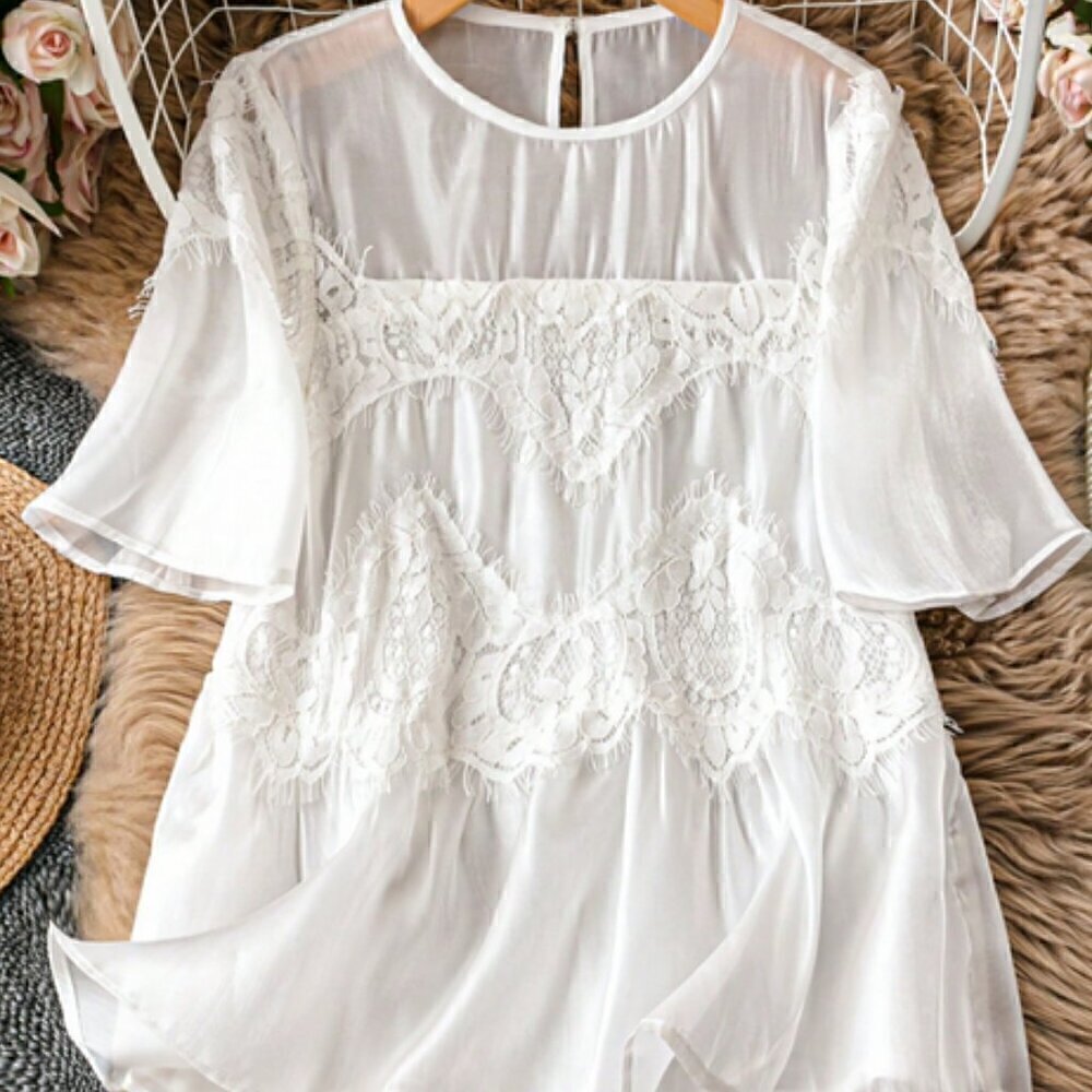 Women's Stylish Lace Mesh round neck Design Summer blouse Top -white - Picture 2 of 5